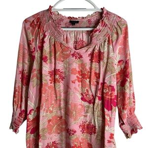 Talbots Women’s Size Large V Neck Blouse Pink Floral Cottagecore Coastal 4710